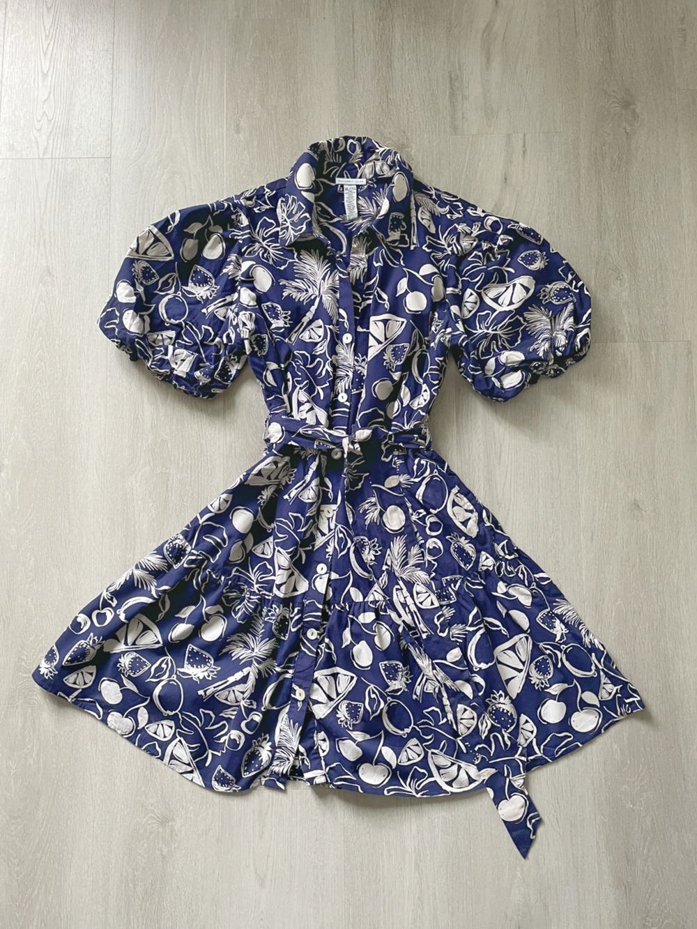 Sincerely Jules Navy Blue and White Tropical Print Puff Sleeve Shirt Dress